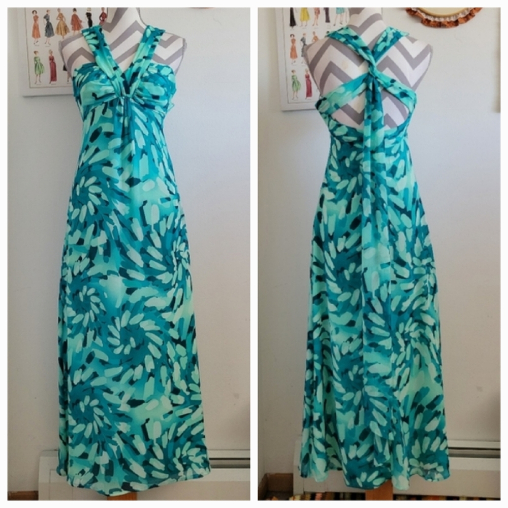 David's Bridal | Vintage Blue Green Swirl Halter Maxi Dress